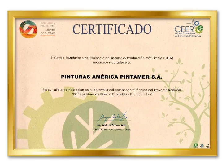 Reconocimiento a Pinturas América S.A., por participar en el Proyecto Regional Pinturas Libres de Plomo