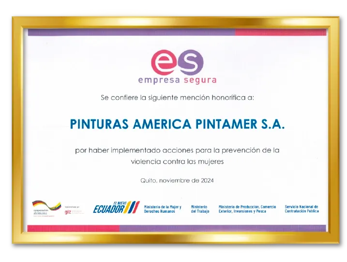 Compromiso con la equidad: Pinturas América obtiene Mención Honorífica al Sello Empresa Segura